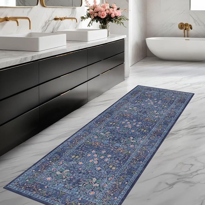 Dark Blue Washable 2x8 Runner Rugs Non Slip by HazoHaus