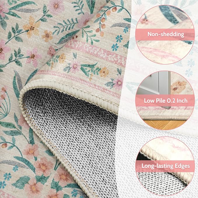Floral Rug 3X5 for Girls Bedroom or Nursery, Cute Soft Boho Carpet for Kids Room - Image 7