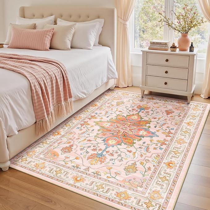 RELEANY Area Rugs 4'x5' Washable Non-Slip, Floral Vintage Distress Medallion - Image 2