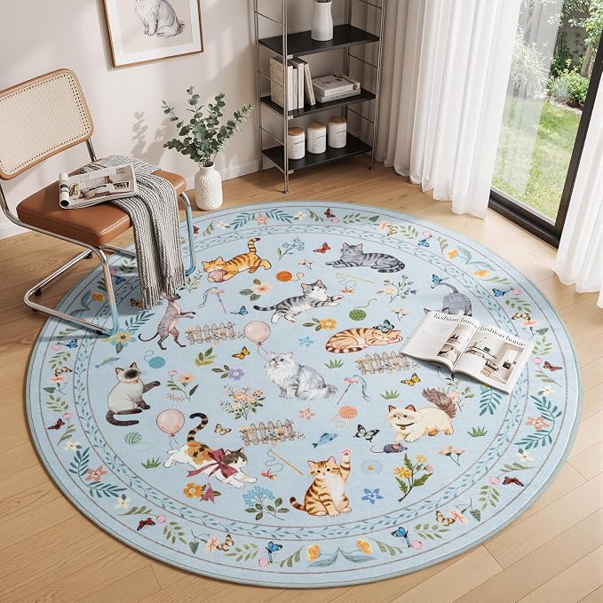 Unirea 4x4 Light Blue Grey Cat Round Area Rugs, Washable Soft Non Slip Circle - Image 8