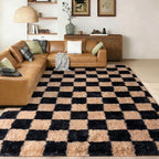 Shag Rugs for Living Room 9x12, Ultra Soft Checkered Black Beige Big Fuzzy Rugs by Ailyei