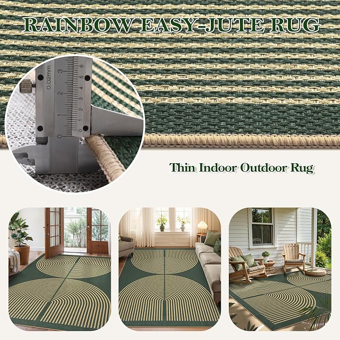 Lahome Enfys Modern Rainbow Easy Jute Indoor Outdoor Rugs, 5x7 Dark Green Rug - Image 3