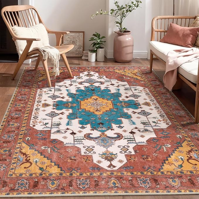SERISSA Area Rug 4x6 Boho Rugs for Bedroom, Vintage Orange Washable Non Slip Rug - Image 5
