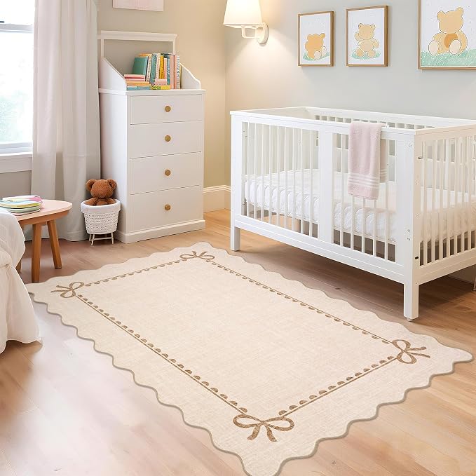 GarveeHome Scalloped Bow Rug for Living Room, Solid Beige Rug for Dorm - Image 4