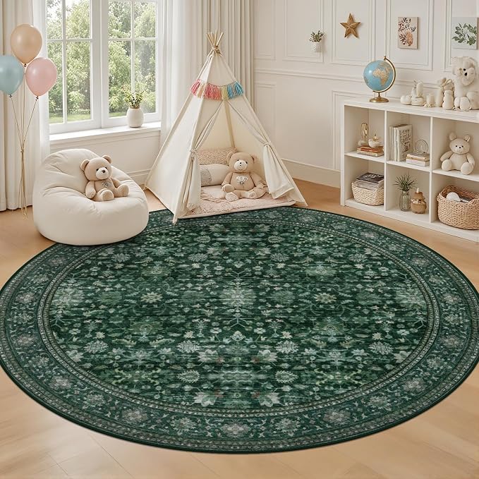 Round Area Rug for Living Room: 4 ft Washable Vintage Boho Soft Thin Circle Rug - Image 5