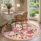 Latte&Fog Pink Floral Round Area Rug 6ft, Washable Vintage Circle Floral Rug - Image 4