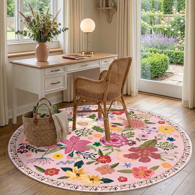 Latte&Fog Pink Floral Round Area Rug 6ft, Washable Vintage Circle Floral Rug - Image 4