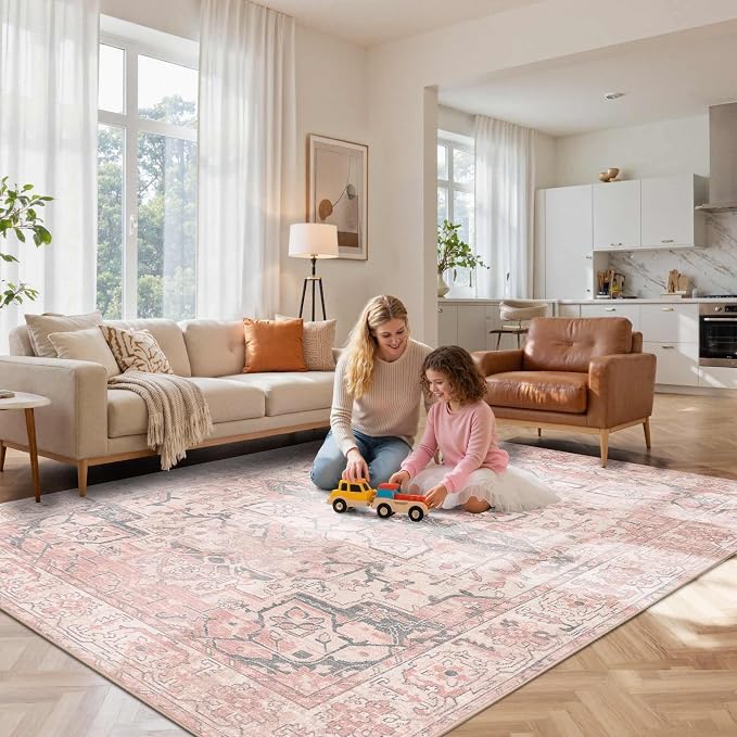 Rugxara Pink Rug for Living Room Bedroom, 5x7 Washable Area Rugs, Cute Boho - Image 3