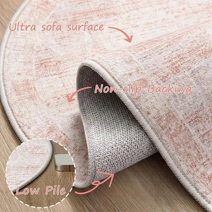 Latte&Fog 4ft Pink Floral Round Circle Area Rug, Low Pile Non Slip Indoor Small - Image 7