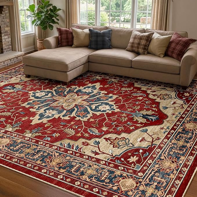 RELEANY Area Rugs 8'x10' Washable Non-Slip, Floral Vintage Distress Medallion by RELEANY