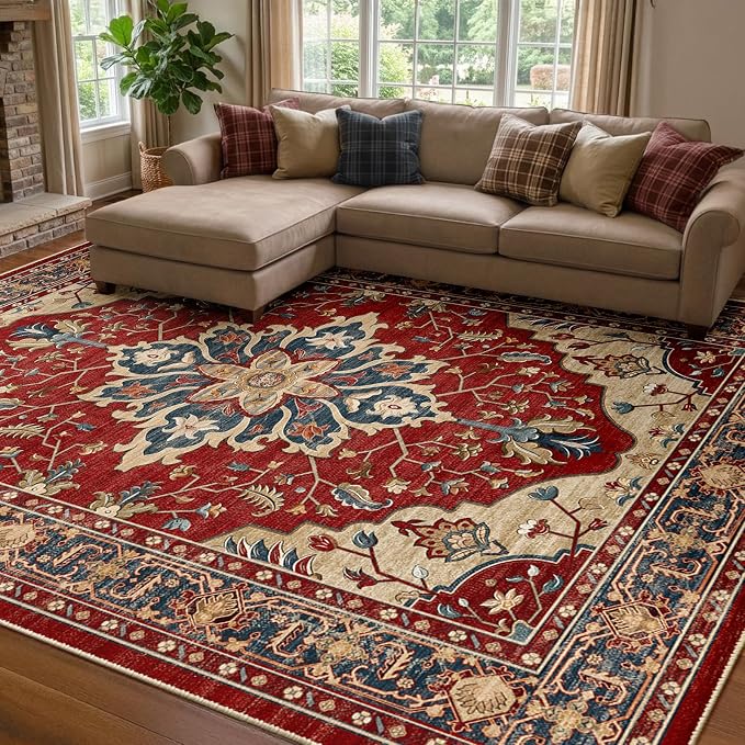 RELEANY Area Rugs 7'x9' Washable Non-Slip, Floral Vintage Distress Medallion by RELEANY