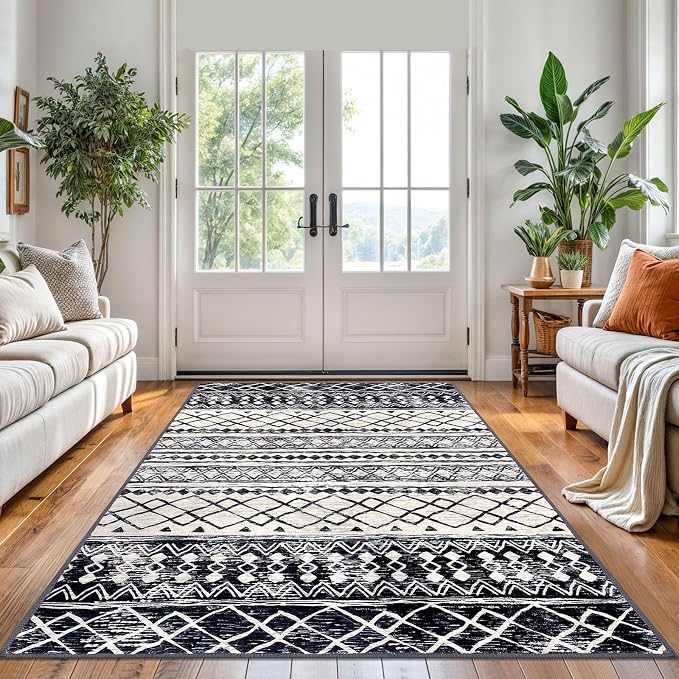 KUTA Morocca Area Rug 5x7 Black Navy Blue, Washable Boho Living Room Rugs - Image 3