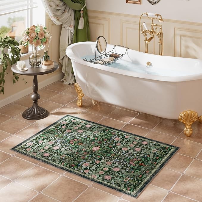 AMTOVO 2x3 Washable Entryway Area Rug Door Mat, Vintage Boho Floral Distressed - Image 3