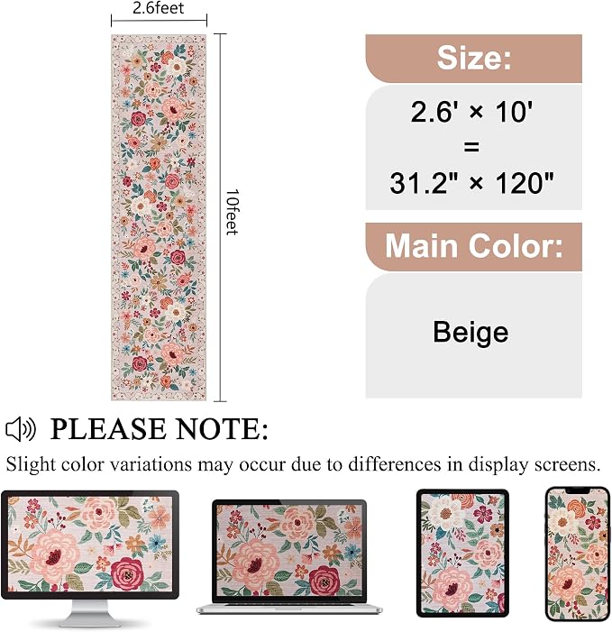 DUKINO Runner Rug for Hallway, 2.6x10 Washable Floral Long Kitchen Rug - Image 2