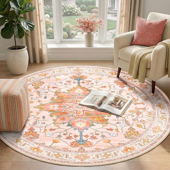 RELEANY Area Rugs Round 4ft Washable Non-Slip, Floral Vintage Distress - Image 2