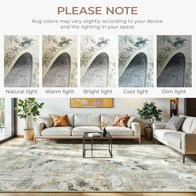 10x14 Area Rugs for Living Room, Abstract Neutral Large Washable Rug, Indoor - Image 3