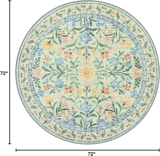 Wonnitar Washable Floral Round Rug, 6ft Sage Green Round Area Rugs - Image 2