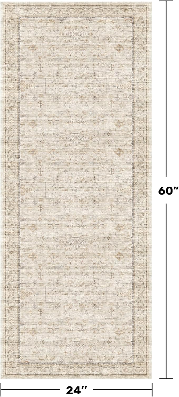 Cream 2x5 Runner Rugs for Bathroom Floor, Geometric Floral Throw Rugs Washable - Image 2