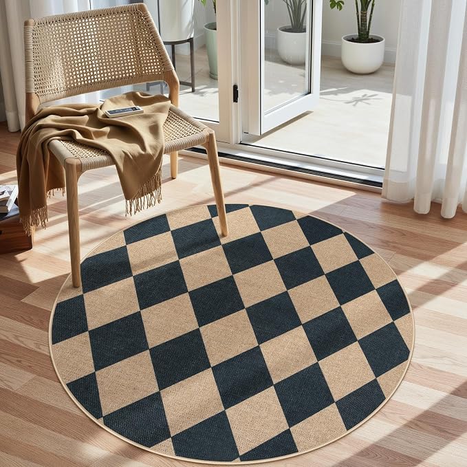 Lahome Colette Checkered Round Entryway Rug 4ft, Circle Indoor Outdoor Patio - Image 9