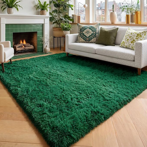 Amdrebio Dark Green Area Rugs for Bedroom Aesthetic, Fluffy Rug for Living Room by Amdrebio