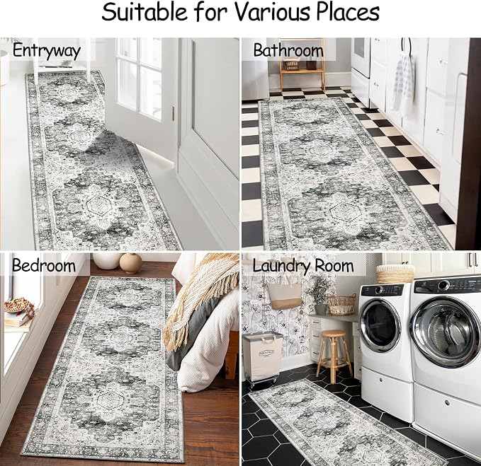 Moynesa Ultra-Thin Washable Gray Hallway Runner Rug - Image 2