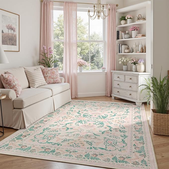 DCX 4x6 Pink Rug, Floral Rug for Girl’s Bedroom, Cute Soft Low Pile Non Slip - Image 3