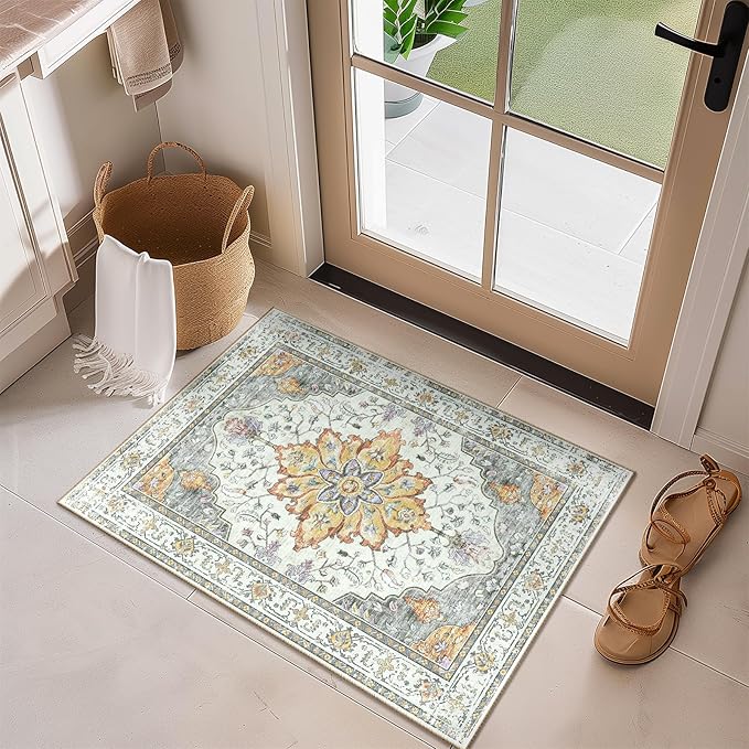 RELEANY Area Rugs Small 2'x3' Washable Non-Slip, Floral Vintage Distress by RELEANY