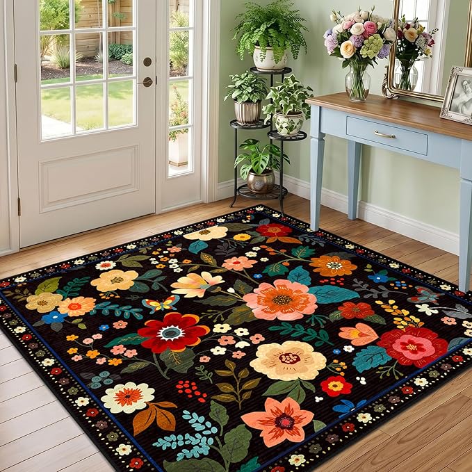 RELEANY Floral Square 5ft Area Rugs Washable Print Boho Cute Carpet Non Slip by RELEANY