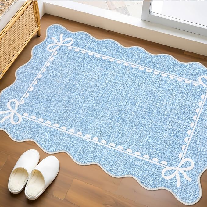 GarveeHome Scalloped Bow Rug for Kitchen Floor, Solid Blue Rug for Dorm by GarveeHome