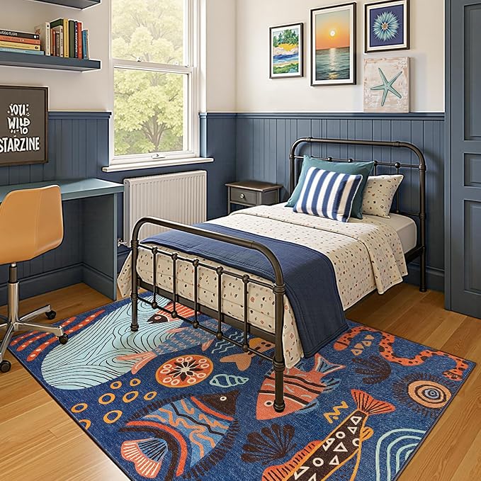 jinchan 5x7 Coastal Area Rug Kids Washable Fun Rug Colorful Ocean Fish Indoor - Image 2