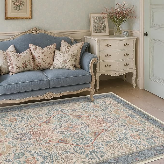 Hazo Haus Soft Red Blue Floral Area Rug 5x7 - Image 3