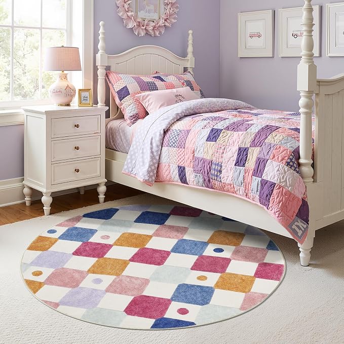jinchan Macy 5ft Round Rug for Kids Room Modern Colorful Checkered Diamond - Image 3