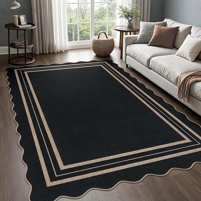 Scalloped 5x7 Rug for Living Room, Easy Jute Washable Outdoor Patio Carpet by LORWER