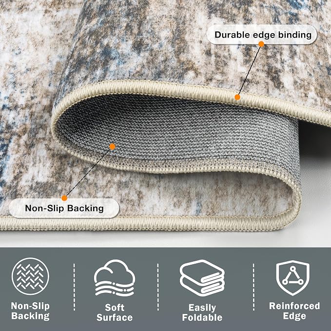 Area Rug 5x7 Living Room Rug Washable: No-Slip Abstract Soft Thin Large Brown - Image 6