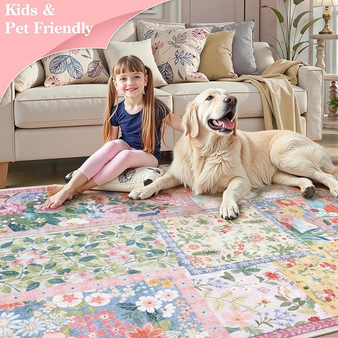 LIVEBOX 5 x 7 Pink Rugs for Bedroom Girls, Soft Patchwork Pink Rug for Living - Image 6