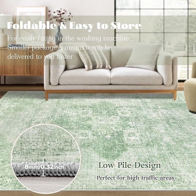 Area Rug 9x12 Washable Rug, Vintage Boho Medallion Rugs Non-Slip Soft Low Pile - Image 7
