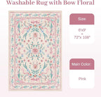 Pink Floral Bow Rug 6x9 for Living Room, Washable Non Slip Area Rug, Soft Boho - Image 9