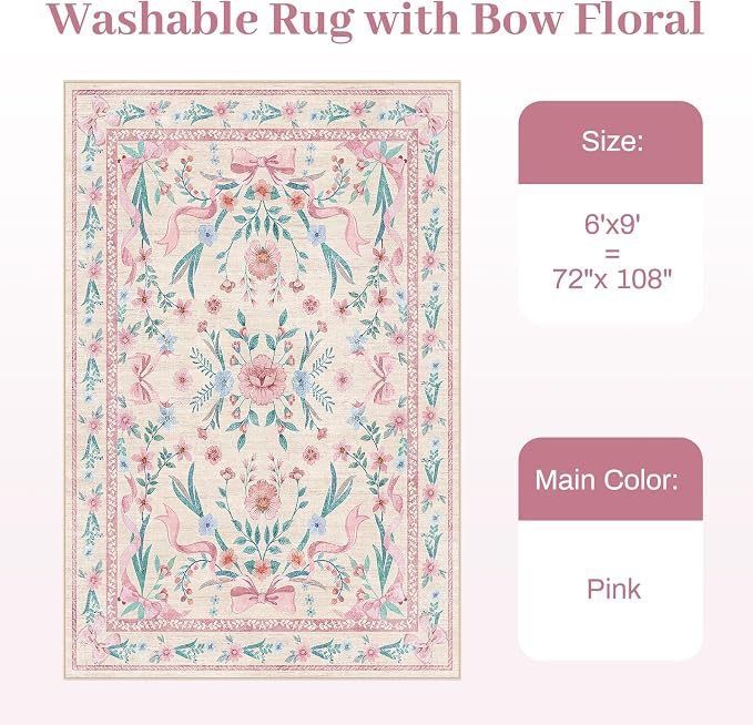 Pink Floral Bow Rug 6x9 for Living Room, Washable Non Slip Area Rug, Soft Boho - Image 9