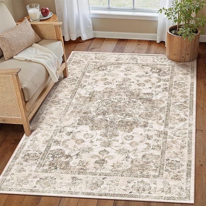 4x6 Washable Neutral Area Rug Brown Vintage Entryway Office Carpet Non-Slip - Image 3