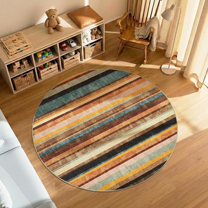 jinchan Round Rug 5ft Area Rug Modern Striped Rug Washable Rug Soft Large - Image 2