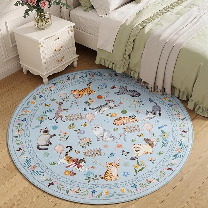 Unirea 4x4 Light Blue Grey Cat Round Area Rugs, Washable Soft Non Slip Circle - Image 4