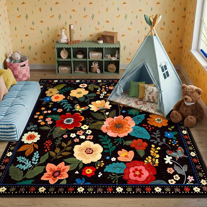 RELEANY Floral Square 6ft Area Rugs Washable Print Boho Cute Carpet Non Slip - Image 9