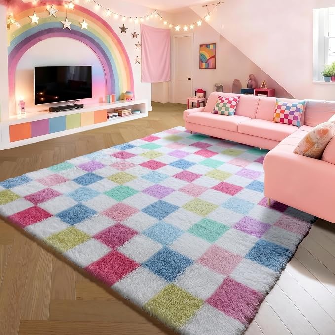 KICMOR Checkered Rug 8x10 for Living Room, Rainbow Colorful Fluffy Soft Large - Image 5