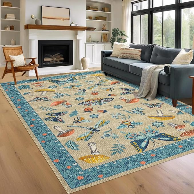 Mushroom Insect 8x10 Area Rugs, Washable Rugs by ROYHOME