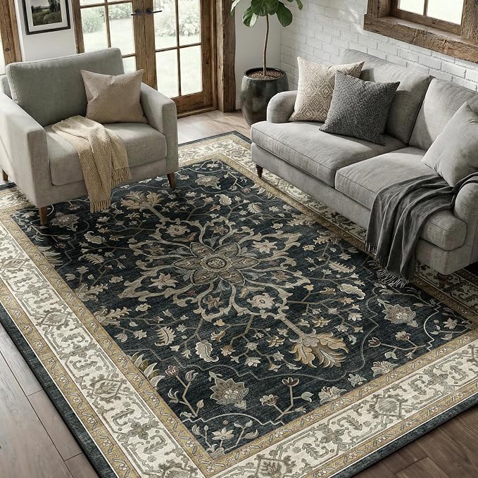RELEANY Area Rugs 5'x7' Washable Non-Slip, Floral Vintage Distress Medallion - Image 3