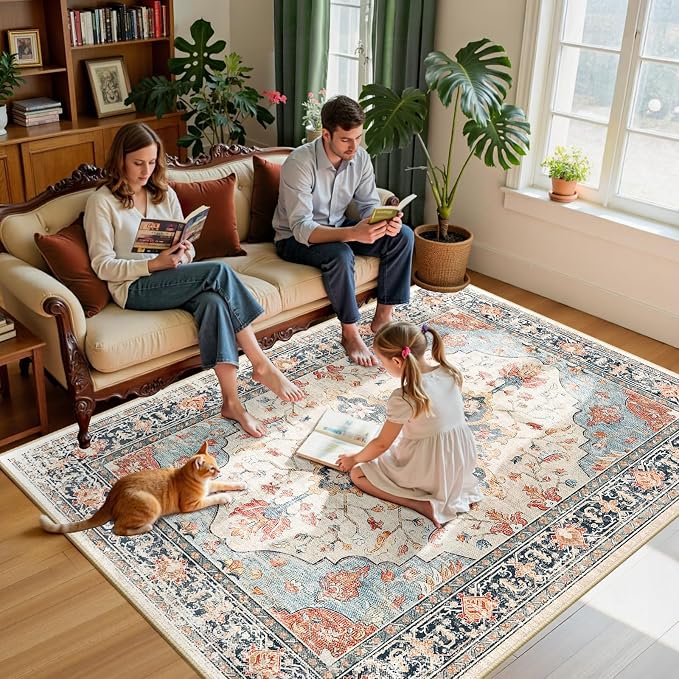 RELEANY Area Rugs 6'x9' Washable Non-Slip, Floral Vintage Distress Medallion - Image 3