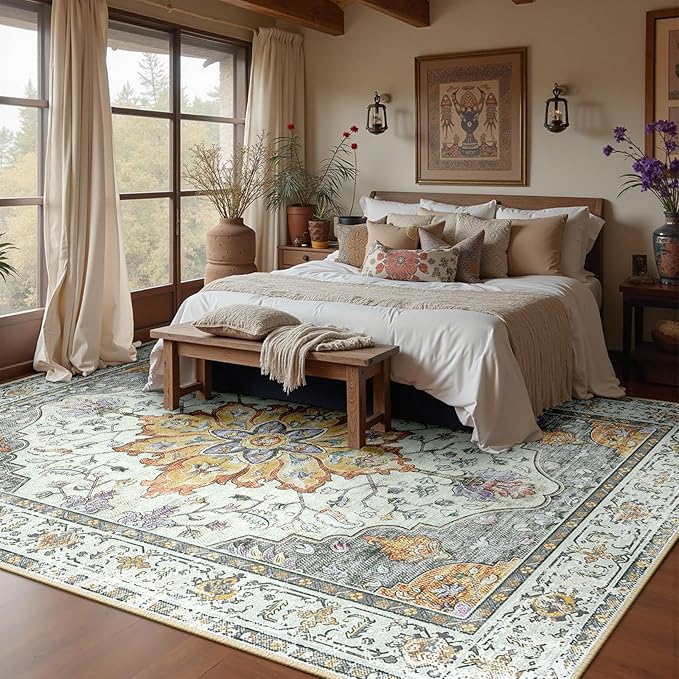 RELEANY Area Rugs Large 10'x12' Washable Non-Slip, Floral Vintage Distress - Image 3