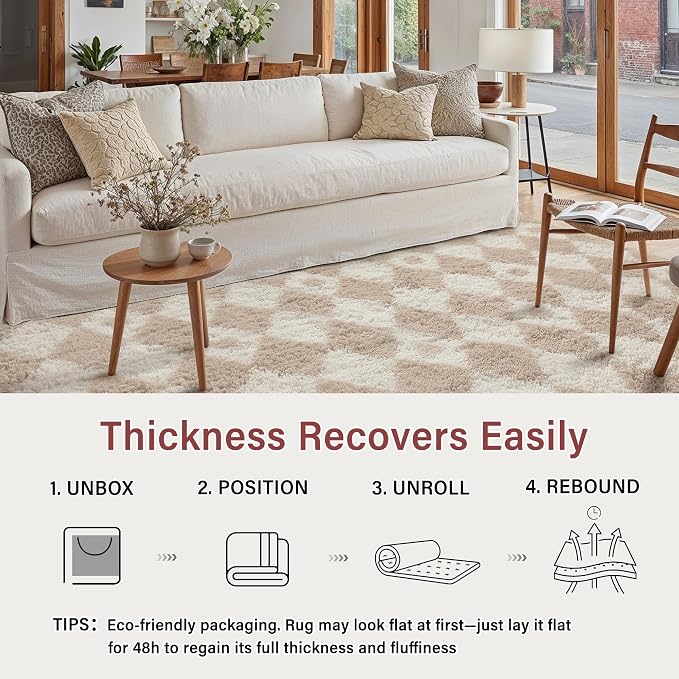 PureCozy Checkered Rug 5x7 Fluffy Shag Living Room Beige Area Rug Modern - Image 4