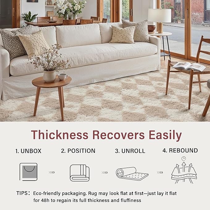 PureCozy Checkered Rug 5x8 Fluffy Shag Living Room Beige Area Rug Modern - Image 7