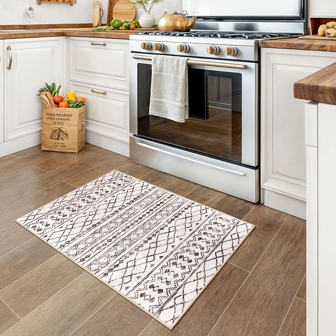 KUTA Moroccan Kitchen Rugs, 2x3 Brown Cream Entryway Rug Non-Slip Washable - Image 3